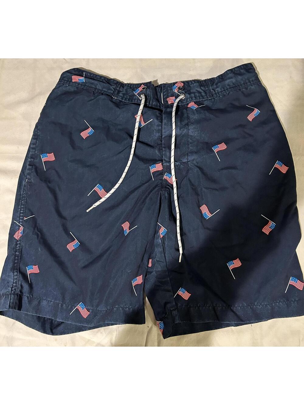 St Johns Bay Swim Trunk Shorts Mens Medium Blue US Flags Chino Board Patriotic